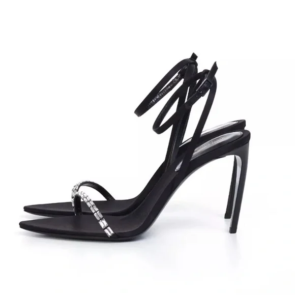 YSL SAINT LAURENT GLORIA SANDALS IN CREPE SATIN WITH RHINESTONES HEELS 90 - Picture 9 of 14